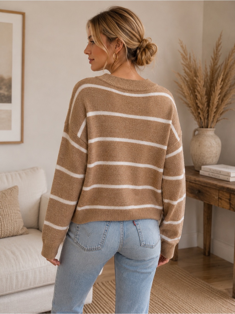 A New Day Tan & Cream Oversized Striped Mock Neck Cozy Sweater | Size XS - Picture 3 of 10